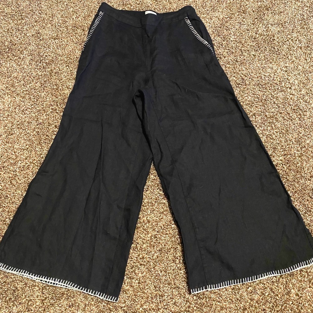 Rachel Zoe Linen Pants Boho Coastal Wide Leg Women M Black Whipstitch Embroidery